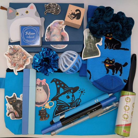 Cat nerd deluxe bundle with notebook, highlighters, ballpoint pen, gel pen, marker, stickers, keychain, scrunchie, cat toys, pin, sticky notepad, zippered pouch, pin, socks, ink pad, cat stamp