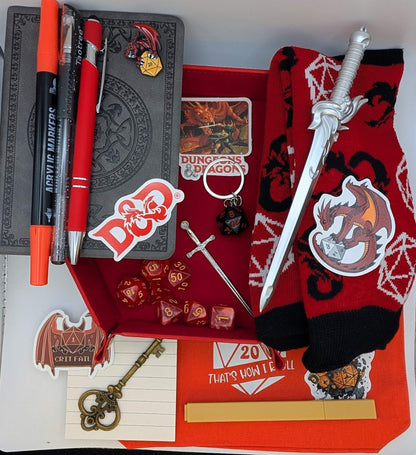 DnD Nerd Deluxe Bundle with dice, socks, faux leather notebook, pens, keychain, stickers, and sword bookmark