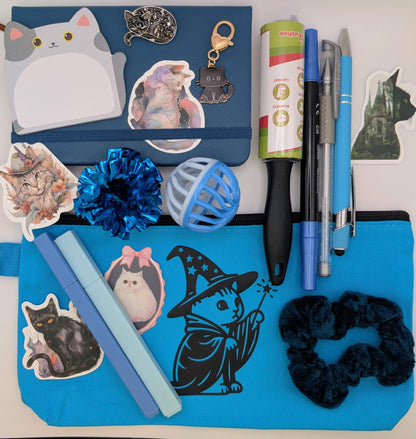 cat nerd basic bundle with notebook, highlighters, ballpoint pen, gel pen, marker, sticky notepad, stickers, keychain, cat toys, scrunchie, zipper pouch, mini lint roller