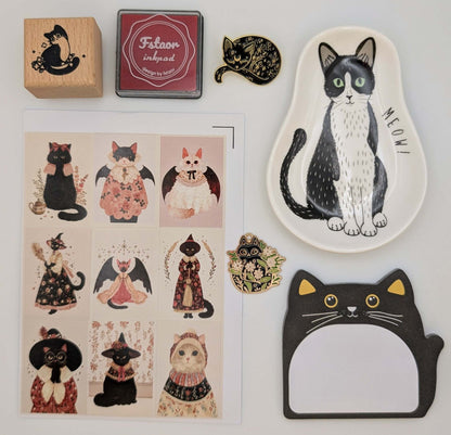 Cat sticky notes, cat ceramic trinket dish, cat sticker sheet, cat charm, cat pin, cat rubber stamp, ink pad