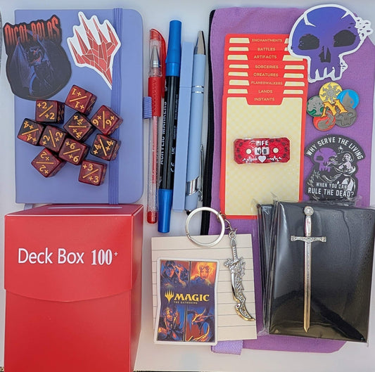 Magic nerd deluxe bundle with notebook, ballpoint pen, gel pen, marker, sticky notepad, highlighter, sword keychain, zippered pouch, pin, stickers, sword bookmark, card sleeves, deck dividers, plastic deck box, counter dice, life tracker,