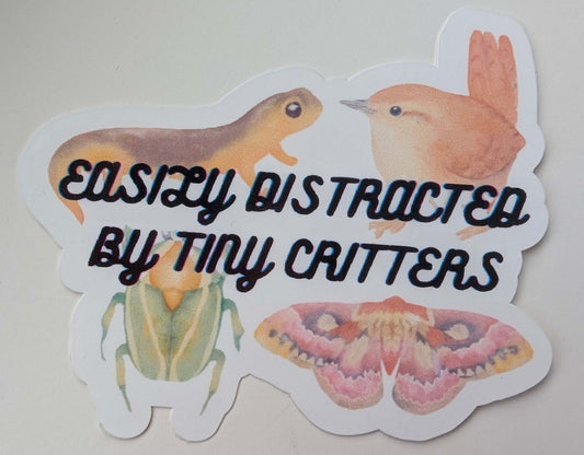 sticker with a moth, newt, beetle, and bird that says easily distracted by tiny critters