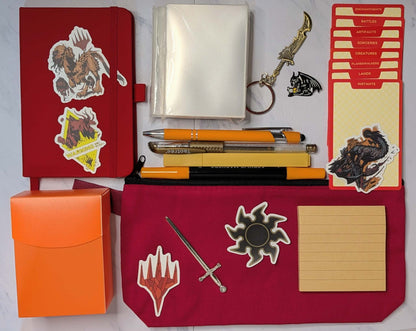 Magic nerd basic bundle wth notebook, ballpoint pen, gel pen, marker, highlighter, sticky notepad, sword keychain, zippered pouch, pin, stickers, sword bookmark, card sleeves, deck dividers, and plastic deck box