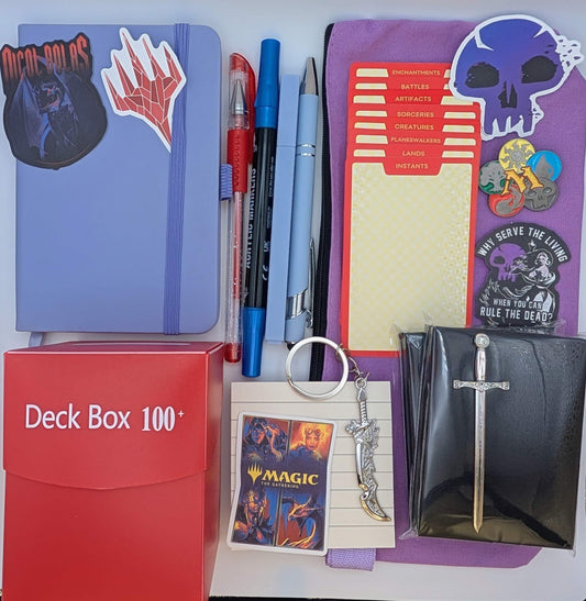 Magic nerd basic bundle wth notebook, ballpoint pen, gel pen, marker, highlighter, sticky notepad, sword keychain, zippered pouch, pin, stickers, sword bookmark, card sleeves, deck dividers, and plastic deck box
