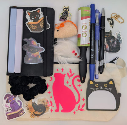 cat nerd basic bundle with notebook, highlighters, ballpoint pen, gel pen, marker, sticky notepad, stickers, keychain, cat toys, scrunchie, zipper pouch, mini lint roller