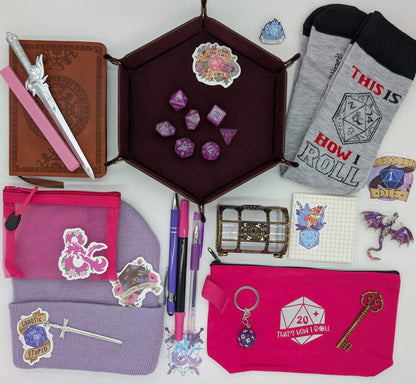 DnD nerd legendary bundle with vintage style notebook, ballpoint pen, gel pen, highlighter, marker, sticky notepad, D20 keychain, sword pen, zippered pouch, pin, stickers, key, sword bookmark, dice set, socks, dice mat, dragon pin, treasure chest, beanie, mesh pouch