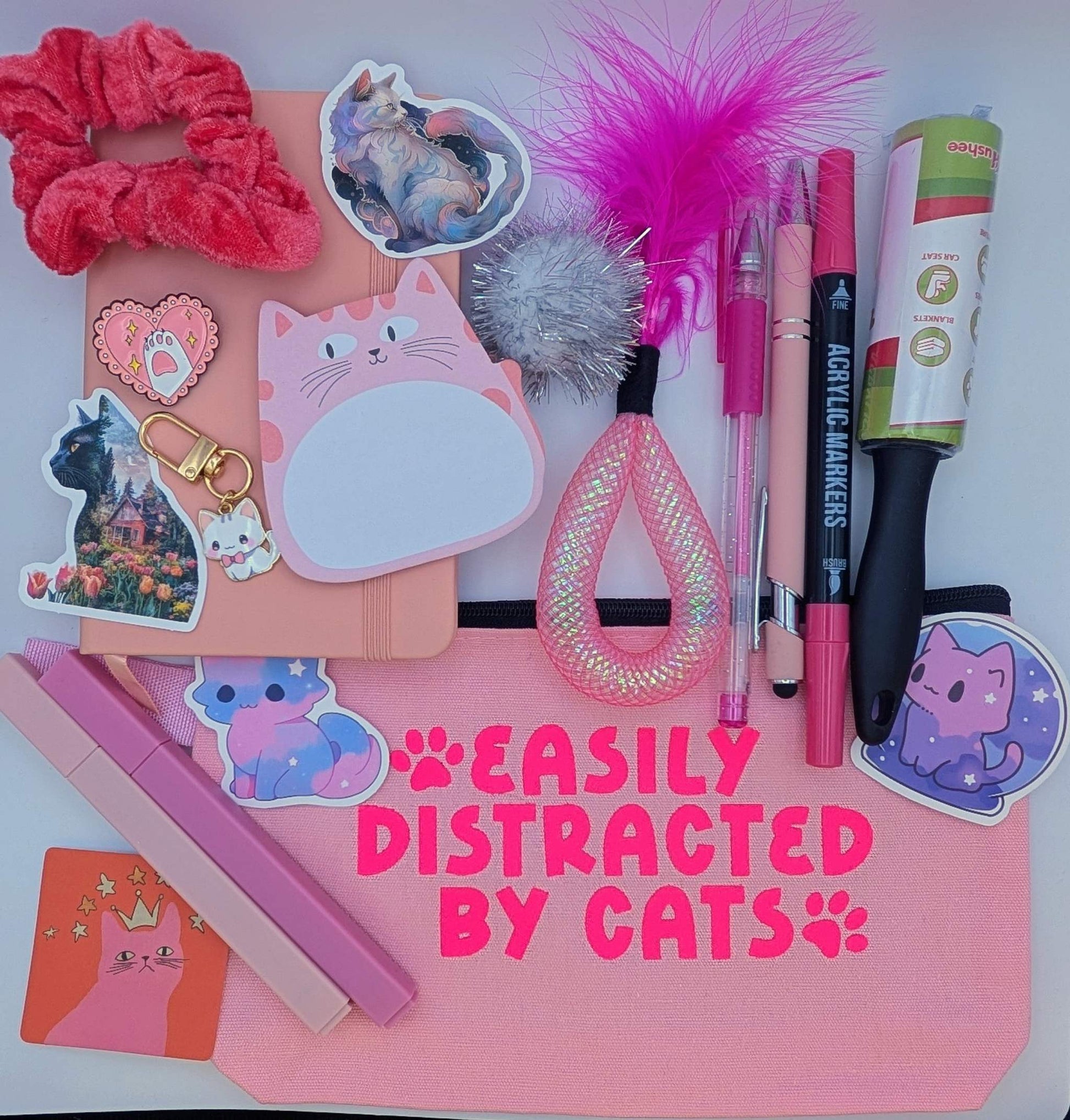 cat nerd basic bundle with notebook, highlighters, ballpoint pen, gel pen, marker, sticky notepad, stickers, keychain, cat toys, scrunchie, zipper pouch, mini lint roller