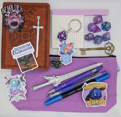 DnD nerd basic bundle with a vintage style notebook, ballpoint pen, gel pen, highlighter, marker, sticky notepad, D20 keychain, sword pen, zippered pouch, pin, stickers, key, sword bookmark, and dice set
