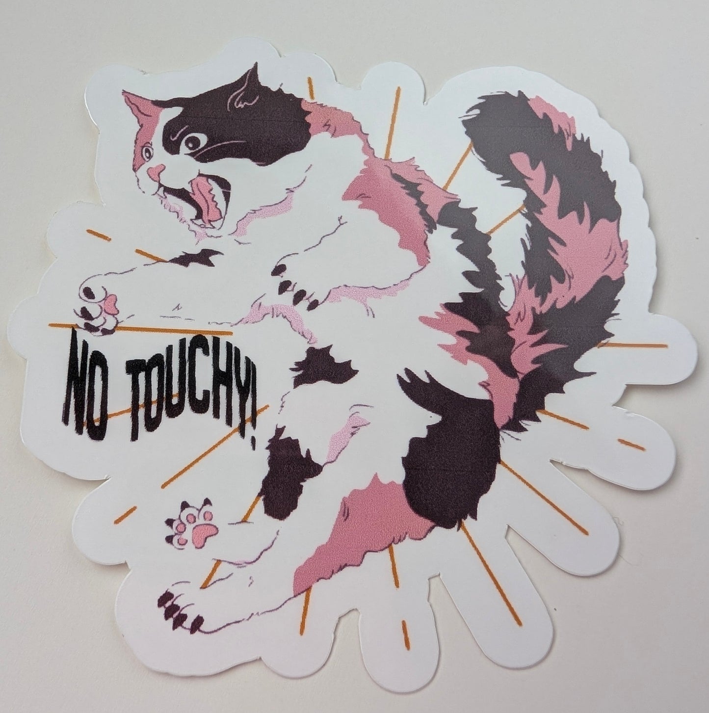 sticker with a cat hissing and the words no touchy