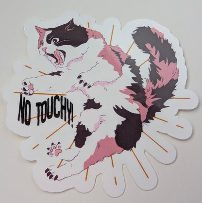 sticker with a cat hissing and the words no touchy