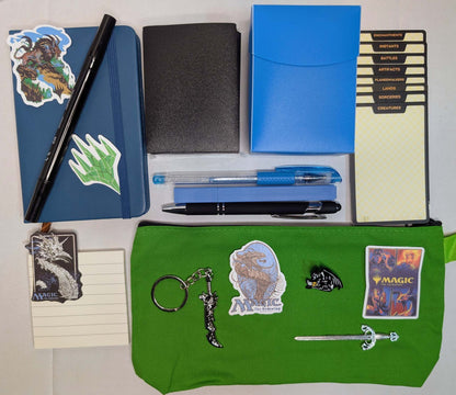 Magic nerd basic bundle wth notebook, ballpoint pen, gel pen, marker, highlighter, sticky notepad, sword keychain, zippered pouch, pin, stickers, sword bookmark, card sleeves, deck dividers, and plastic deck box