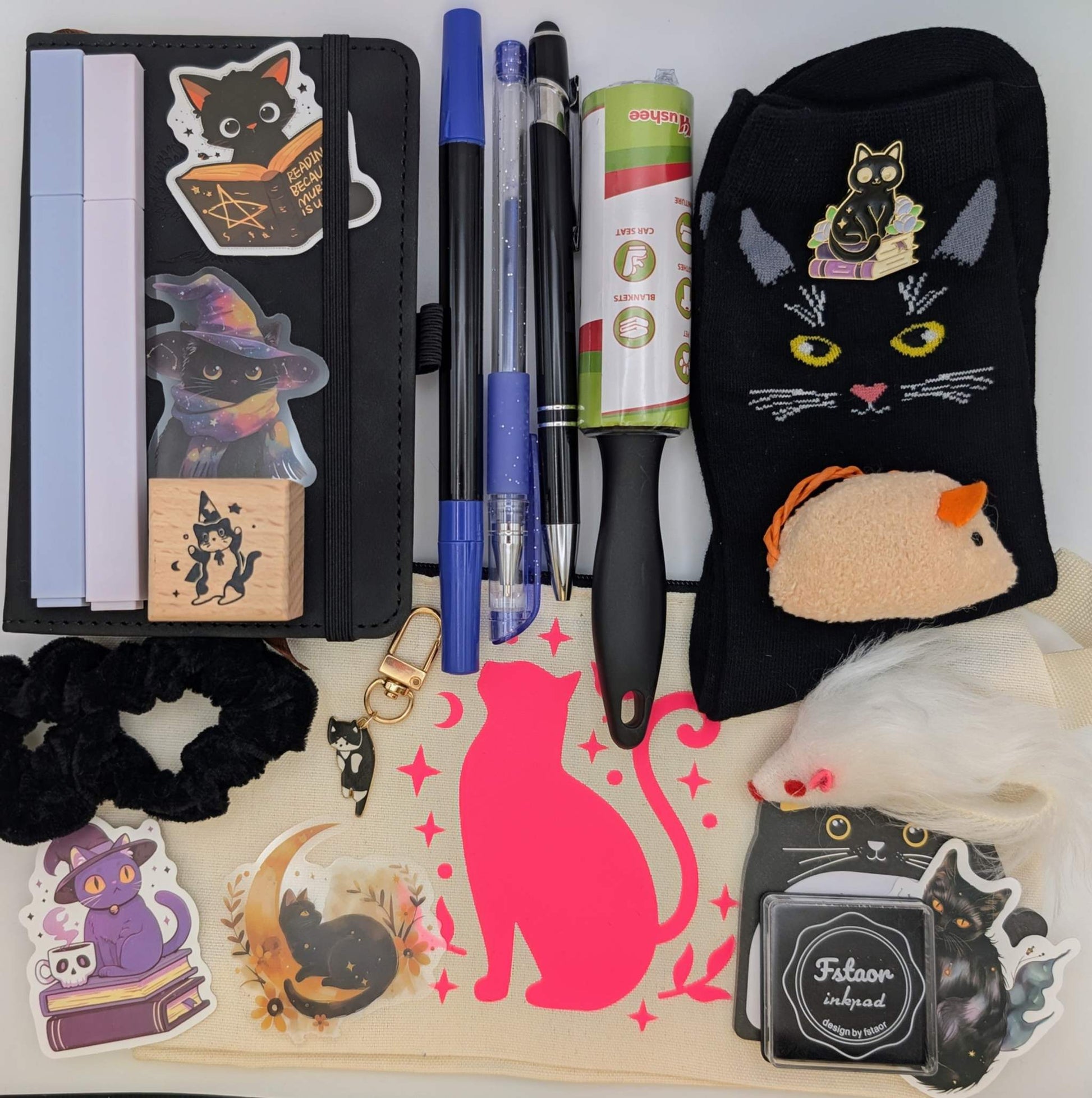 Cat nerd deluxe bundle with notebook, highlighters, ballpoint pen, gel pen, marker, stickers, keychain, scrunchie, cat toys, pin, sticky notepad, zippered pouch, pin, socks, ink pad, cat stamp