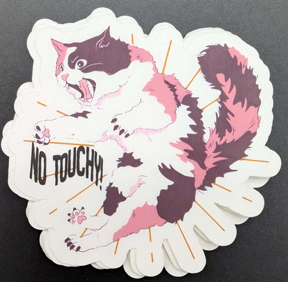 sticker with a cat hissing and the words no touchy